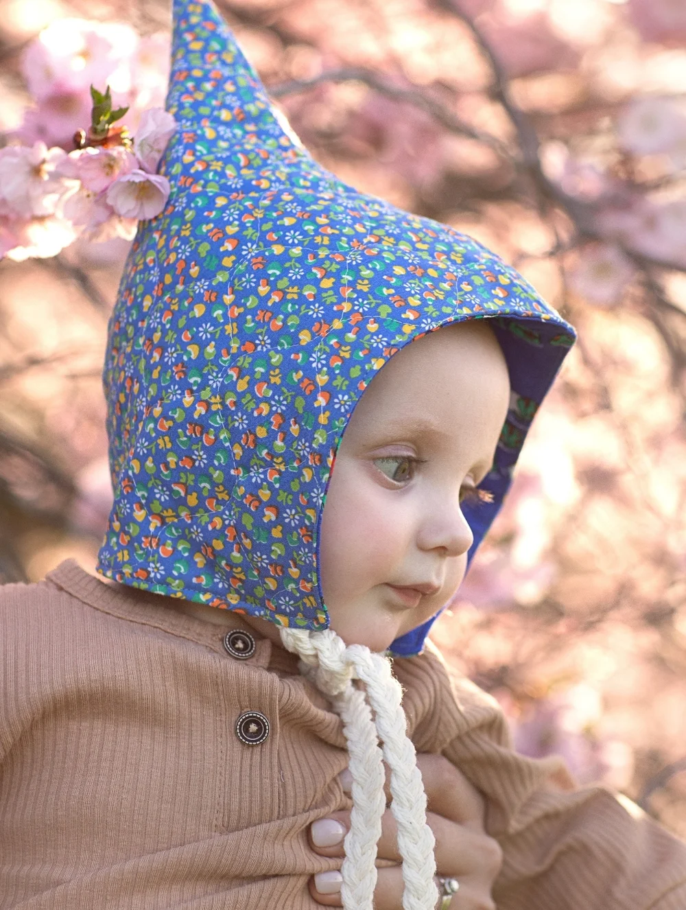 Quilted Upcycled Blue Mushroom Pixie Hat Bonnet Fully lined 6-12 months